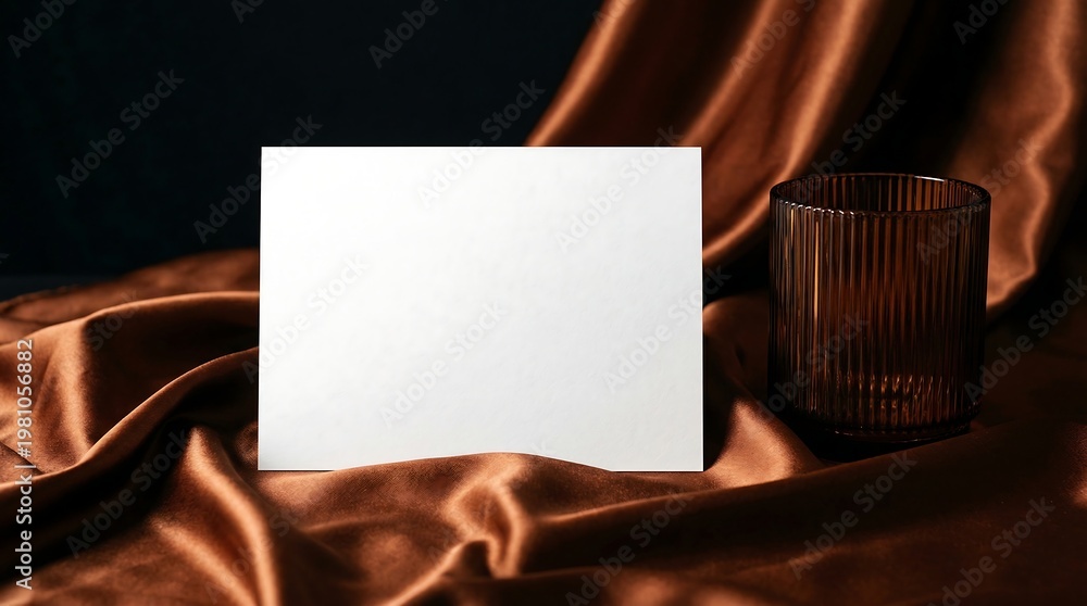 Obraz premium Blank white paper card on flowing brown satin fabric with ribbed glass tumbler on dark background png set
