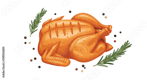 A perfectly golden-brown roasted whole chicken seasoned with dark peppercorns and fresh rosemary sprigs rests centrally within a pristine white studio.