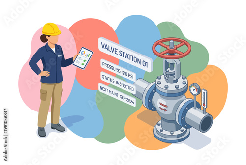 Isometric Petroleum Engineer Inspecting Industrial Valve Station