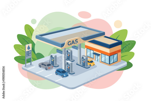 Isometric Gas Station and Global Petroleum Industry Vector Illustration