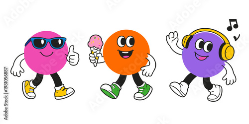 Hand drawn cartoon character illustration, smiling mascot faces, abstract stickers, branding elements for advertising, posters, banners and graphic design templates