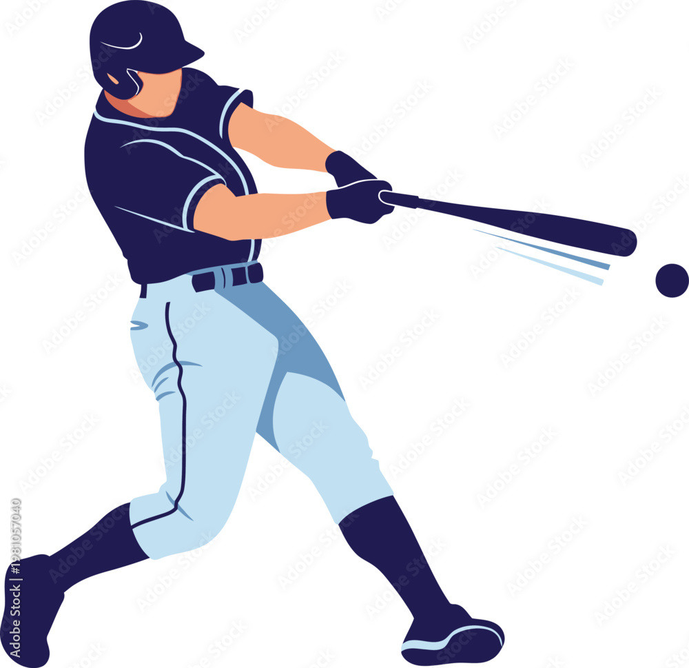 Obraz premium Baseball player swings a wooden bat to hit a ball during a professional game in this flat vector illustration.