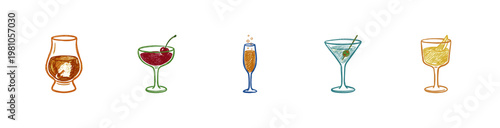 Alcoholic Beverages and Glassware Design Elements with Fluid Crayon Pencil Texture in Crayon Colorful Style
