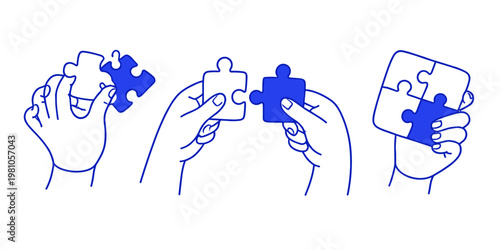 Hand drawn hand holding puzzle piece illustration, problem solving concept, business success, search and solution process, creative thinking, teamwork and strategy design