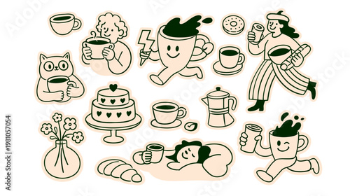 Hand drawn coffee stickers and badges illustration, barista mascots and character doodles, cafe beverage branding, bakery and breakfast elements for logo, advertising and packaging design