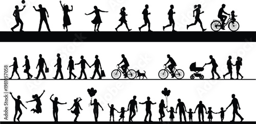 Silhouettes of people walking, running, cycling, dancing, playing ball, family activities, holding hands, pushing strollers, community lifestyle, vector illustration