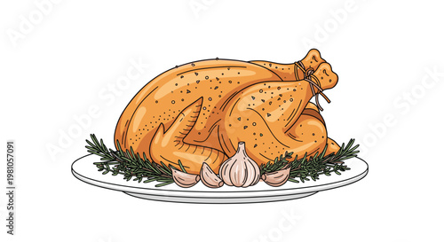 A succulent whole roasted chicken rests on a white ceramic plate garnished with aromatic green rosemary sprigs and several pungent garlic cloves here.