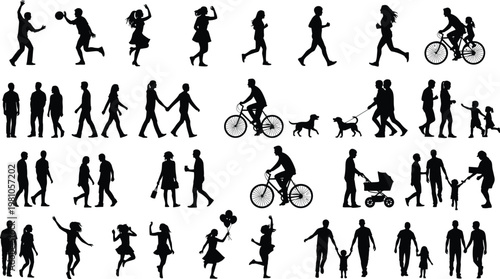 Silhouettes of people walking, running, cycling, dancing, playing ball, family activities, shopping, pushing strollers, walking dogs, community lifestyle, vector illustration