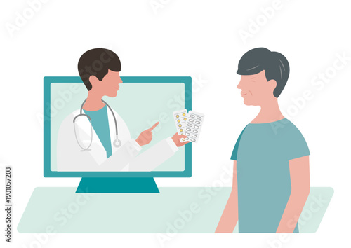 高齢男性にオンライン診療で薬の説明をする医師のベクターイラスト素材
