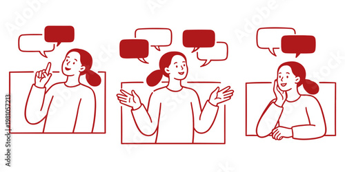 Hand drawn chat support illustration, business communication concept, girl on screen managing messages, customer service feedback, teamwork partnership freelance design