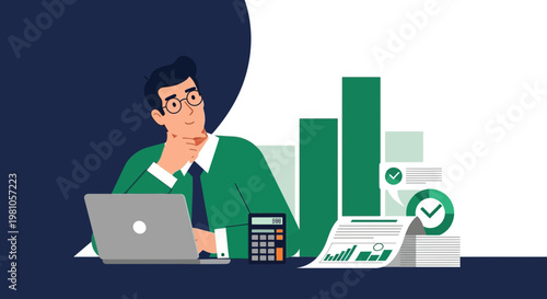 Businessman analyzing financial charts with laptop and calculator, business growth concept