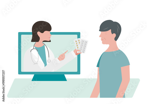 高齢男性にオンライン診療で薬の説明をする女医のベクターイラスト素材