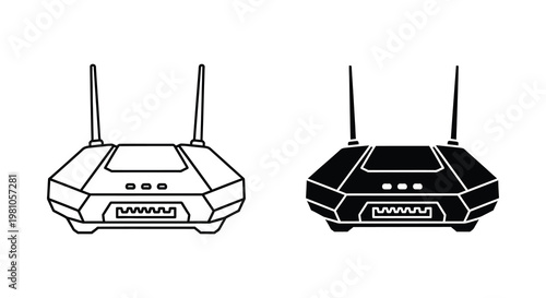 Two wireless routers depicted in contrasting line art a black silhouette
