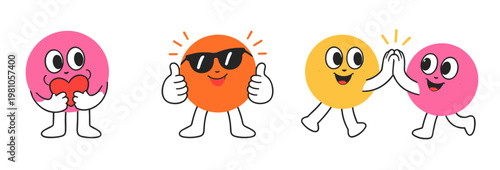 Cartoon character mascot illustration, logo design template, advertising branding elements, smiling funny faces, abstract stickers and line icons for posters banners and creative graphics