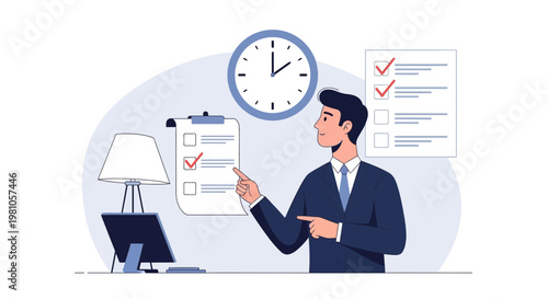 Businessman checking tasks on clipboard with clock and checklist, time management concept