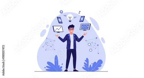 Businessman juggling technology, data, and ideas, symbolizing innovation and multitasking