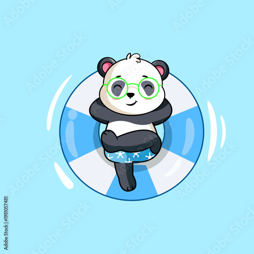 Cute Cartoon Panda Floating on a Lifebuoy Vector Illustration Kawaii Animal
