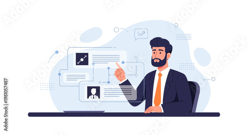Businessman interacting with digital interface, data analysis and business strategy concept