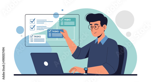 Man managing tasks on a digital board with laptop, project management concept