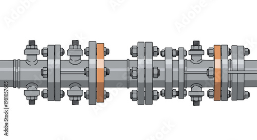 A single horizontal grey industrial pipe section reinforced with multiple heavy-duty bolted flanges and copper-colored sealing rings is shown on white.