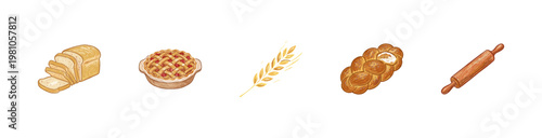 Bakery Products and Pastry Shop Essentials in Crayon Crayon Pencil Style with Textured Shading