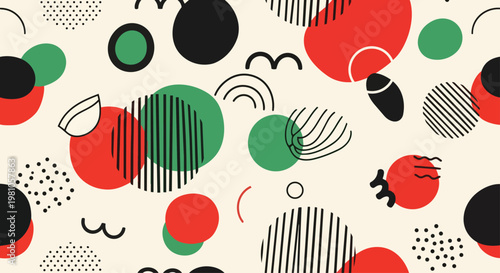 A vibrant abstract pattern featuring various shapes and lines on a beige background with red green and black colors