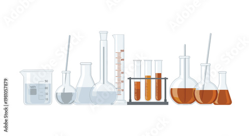 A diverse collection of professional laboratory glassware including beakers and test tubes contains varying amounts of amber liquid against a stark white background.