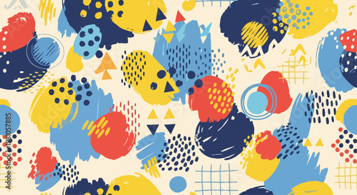 Vibrant abstract shapes and patterns cover the entire surface in a lively arrangement.