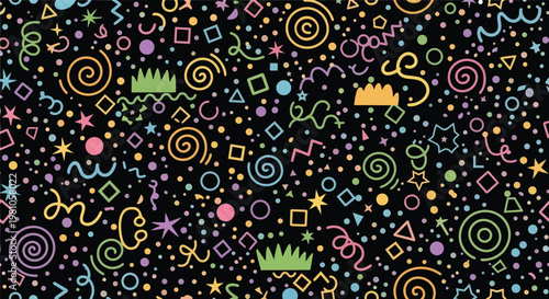 Vibrant shapes and symbols decorate a black surface with festive swirls and dots.