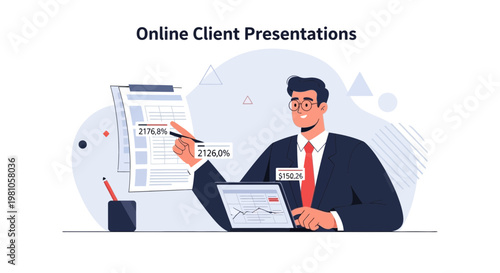 Businessman presenting online client data and financial report on laptop