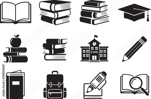 Black and white educational school books graduation cap apple