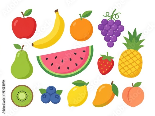 colorful flat illustration of various fruits