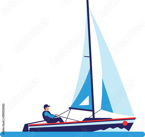 Sailboat glides smoothly across calm waters while a lone sailor manages the rigging and sails.