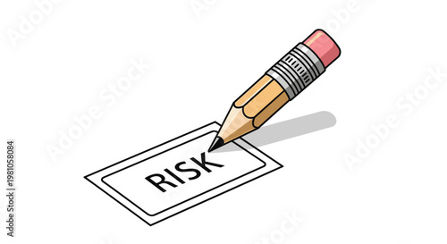 A classic wooden pencil with a pink eraser meticulously writes the bold word RISK inside a thin rectangular box against a bright white background.