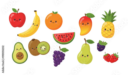 Cute cartoon fruit characters collection with tropical and farm fruits vector illustration for kids education and nursery design