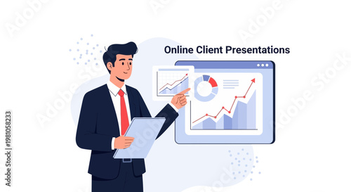 Businessman presenting online client data with charts on screen