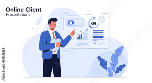 Businessman presenting online client presentation with KPIs and charts