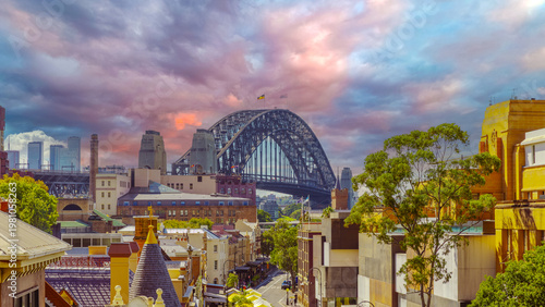 Panoramic view of Sydney Harbour and Circular Quay on a Beautiful Autumn Afternoon lovely colours of the sky in Sydney NSW Australia