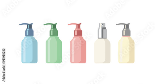 A diverse row of five small plastic pump bottles in blue, green, pink, white, and yellow colors stands against a minimalist white background.