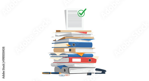 A towering vertical stack of colorful ring binders and messy loose documents features a prominent green checkmark symbol atop the pile in a bright office setting.