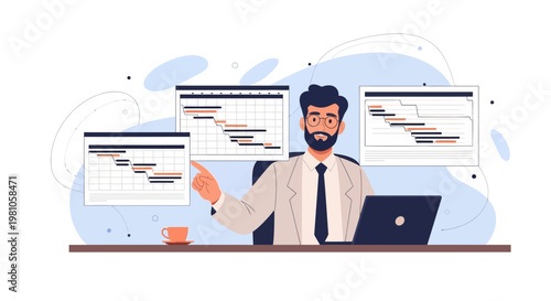 Businessman presenting project Gantt charts, planning and strategy on screens