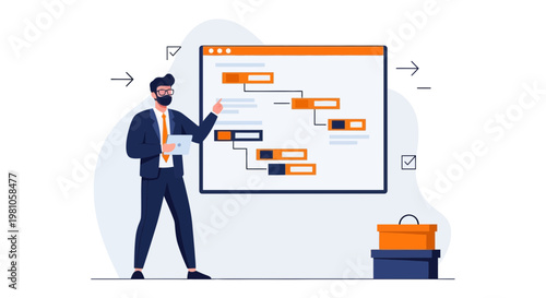 Businessman presenting project plan on screen with flowchart, business strategy