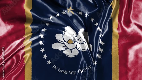 Waving Mississippi State Flag With Magnolia Emblem and 'In God We Trust' Motto