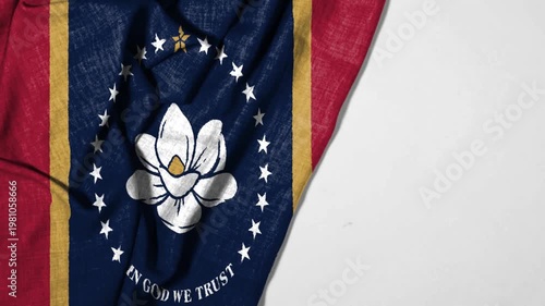 Waving Mississippi State Flag With Magnolia Emblem and 'In God We Trust' Motto