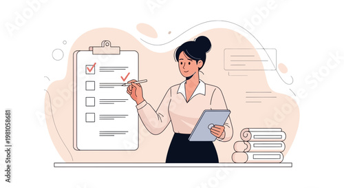 Businesswoman checking tasks on checklist clipboard, tablet, and stack of books