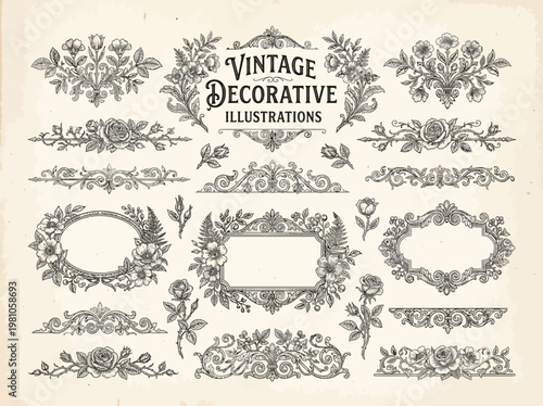 Vintage Botanical Ornaments Illustration Set with Floral Frames and Decorative Victorian Borders