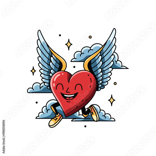 A cheerful, anthropomorphic heart with wings and legs, joyfully running through fluffy clouds, depicted in a vibrant 2D cartoon style with a playful, energetic mood against a white