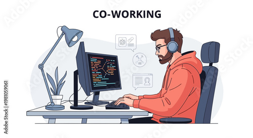Co-working space illustration: man coding at desk with computer and headphones