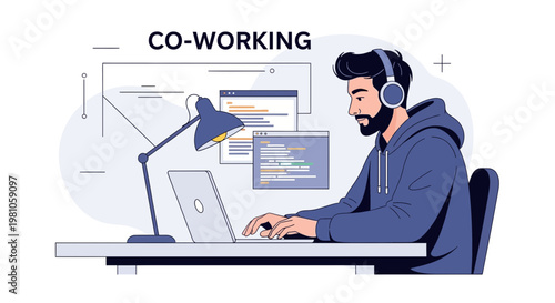 Co-working space: man with headphones coding on laptop, modern office illustration