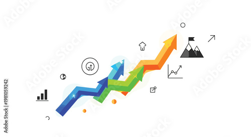 Three layered arrows in blue, green, and orange shades trend upward alongside various black line icons and a mountain peak on a white background area.